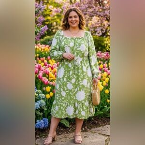 Ava & Viv Green Floral Dress Womens Plus Sz 4X Boho Ruffle Balloon Sleeve Spring